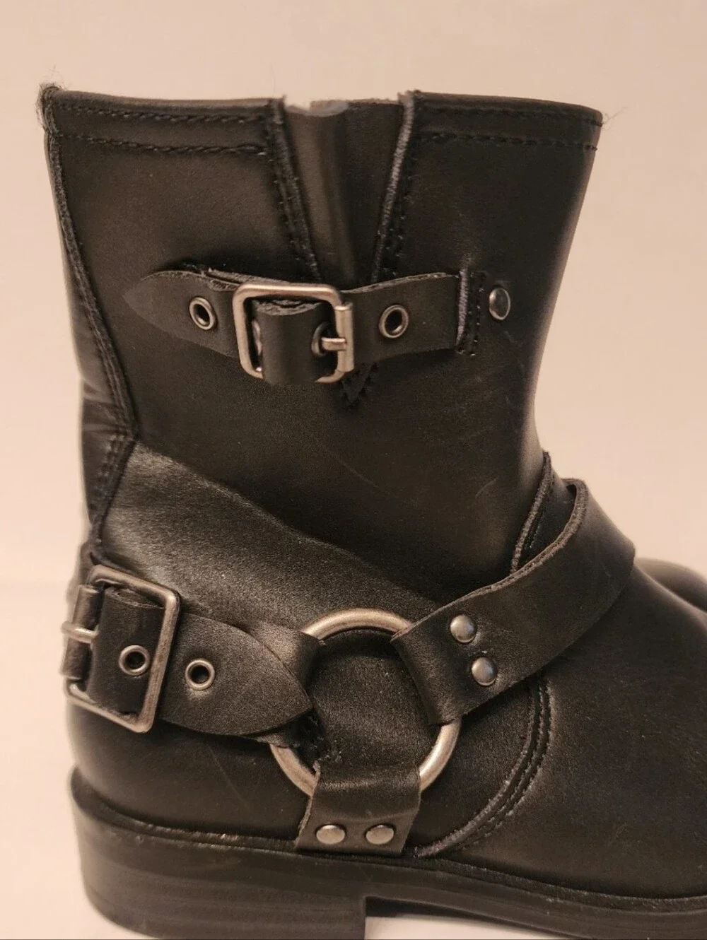 STEVE Madden Beckky Black Faux Leather Harness Moto Biker Boots Size 9